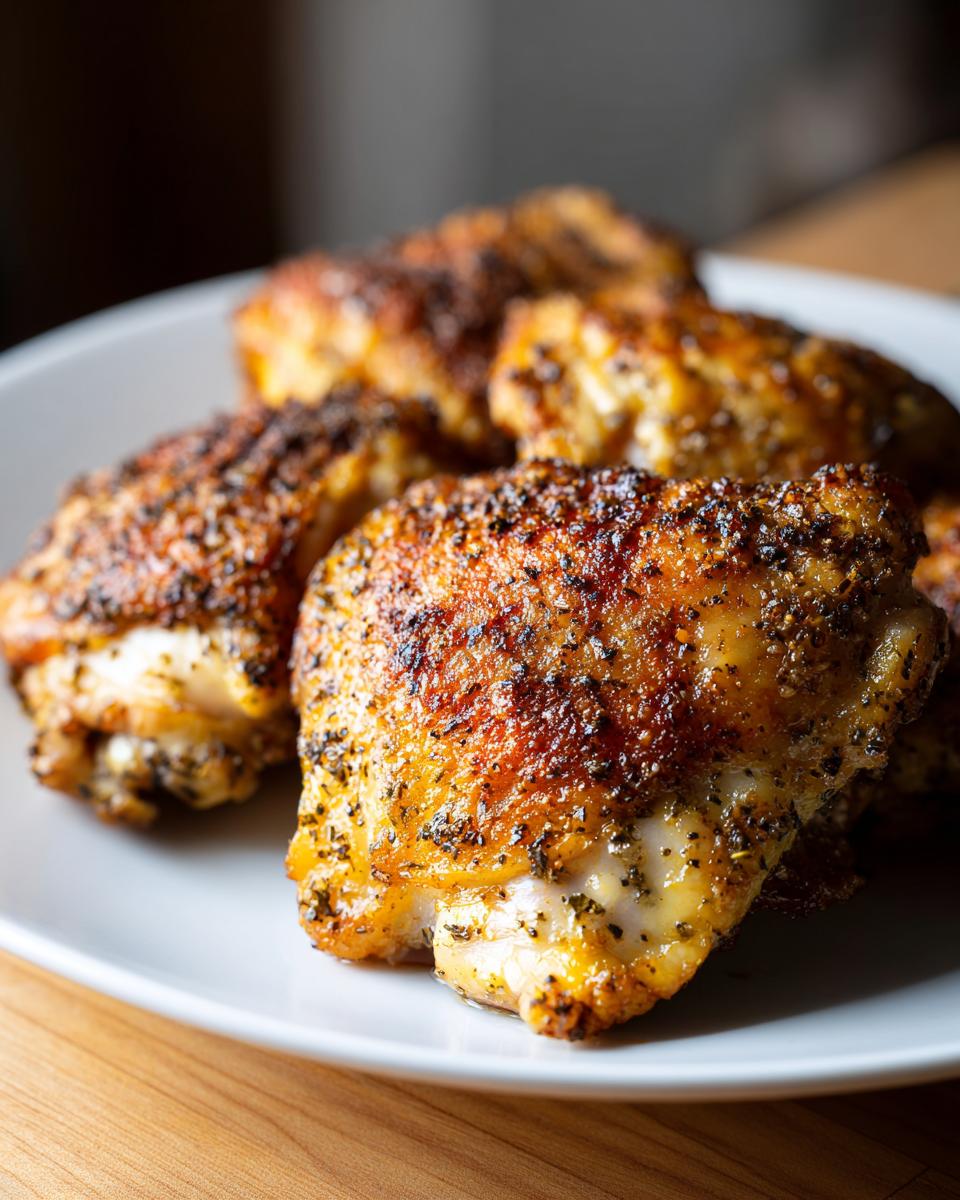 Close-up of perfectly cooked lemon pepper chicken thighs on a white plate, seasoned with herbs and spices.