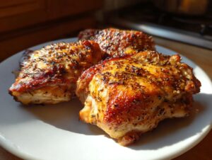 Three perfectly cooked lemon pepper chicken thighs seasoned with herbs, served on a white plate.