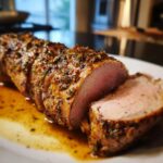Close-up of a sliced maple mustard pork tenderloin, glistening with sauce and herbs.
