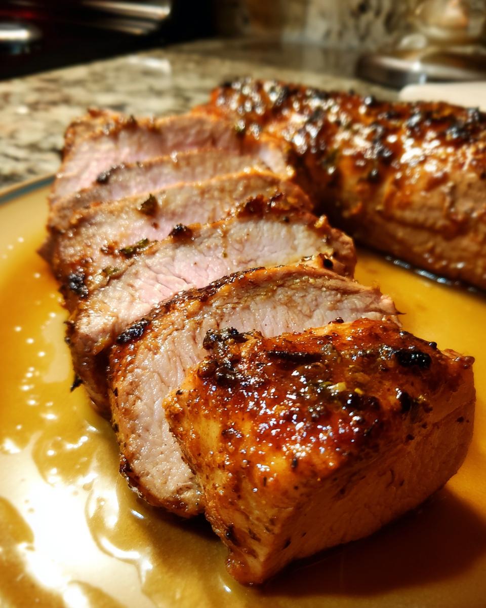 Close-up of sliced maple mustard pork tenderloin, showing juicy pink meat and a glazed, caramelized exterior.