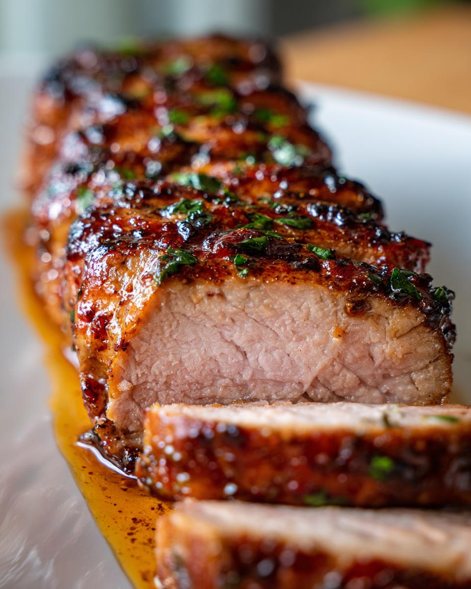 Close-up of sliced maple mustard pork tenderloin, glazed and garnished with herbs.
