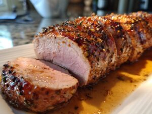 Close-up of sliced maple mustard pork tenderloin, glistening with glaze and herbs.