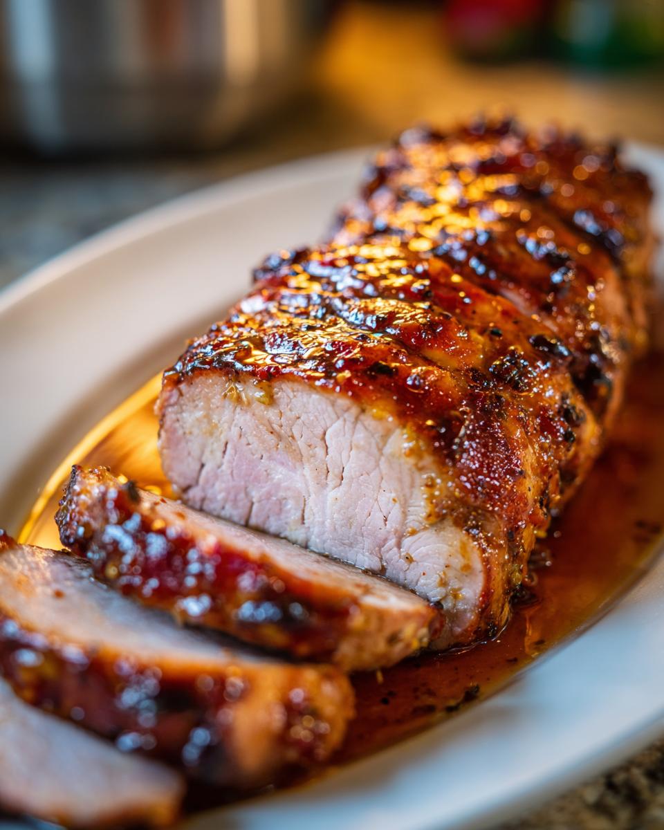 Close-up of a sliced maple mustard pork tenderloin, glistening with a rich glaze.