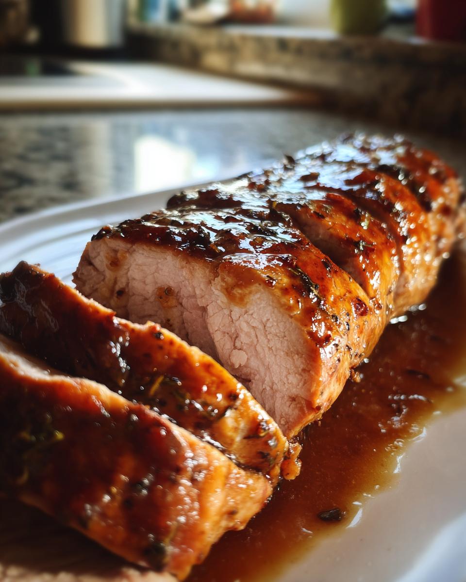 Close-up of sliced maple mustard pork tenderloin, glistening with sauce and herbs.