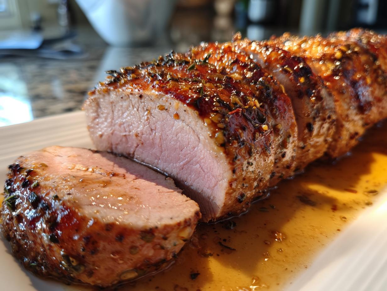 Close-up of sliced maple mustard pork tenderloin, glistening with glaze and herbs.