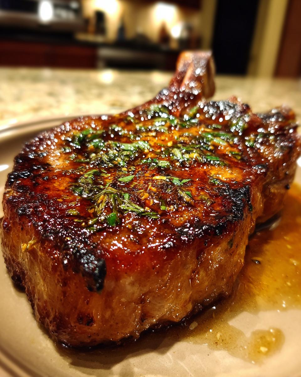 Close-up of a thick, juicy pork chop coated in a glossy marinade and sprinkled with fresh herbs.