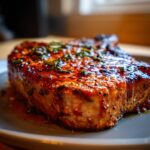 Close-up of a thick, juicy pork chop coated in a glistening marinade and sprinkled with fresh herbs.
