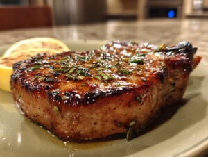 Close-up of a perfectly cooked pork chop, glistening with marinade and herbs, served with a lemon slice.
