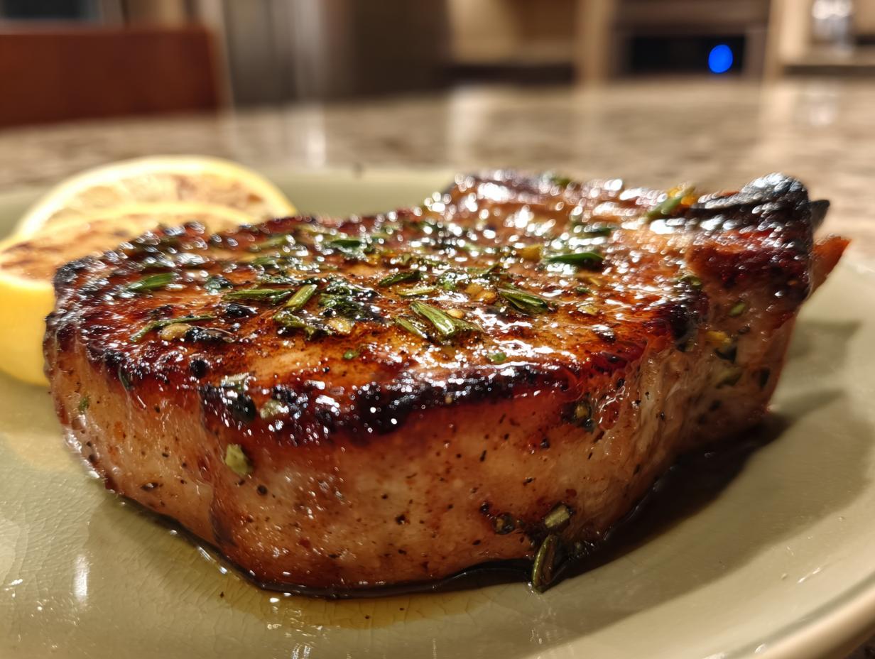 Close-up of a perfectly cooked pork chop, glistening with marinade and herbs, served with a lemon slice.