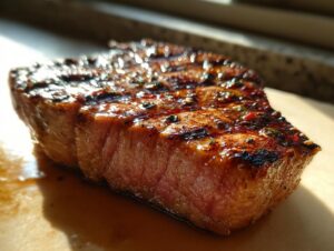 Close-up of a perfectly grilled tuna steak, coated in a glistening marinade with visible herbs and spices.