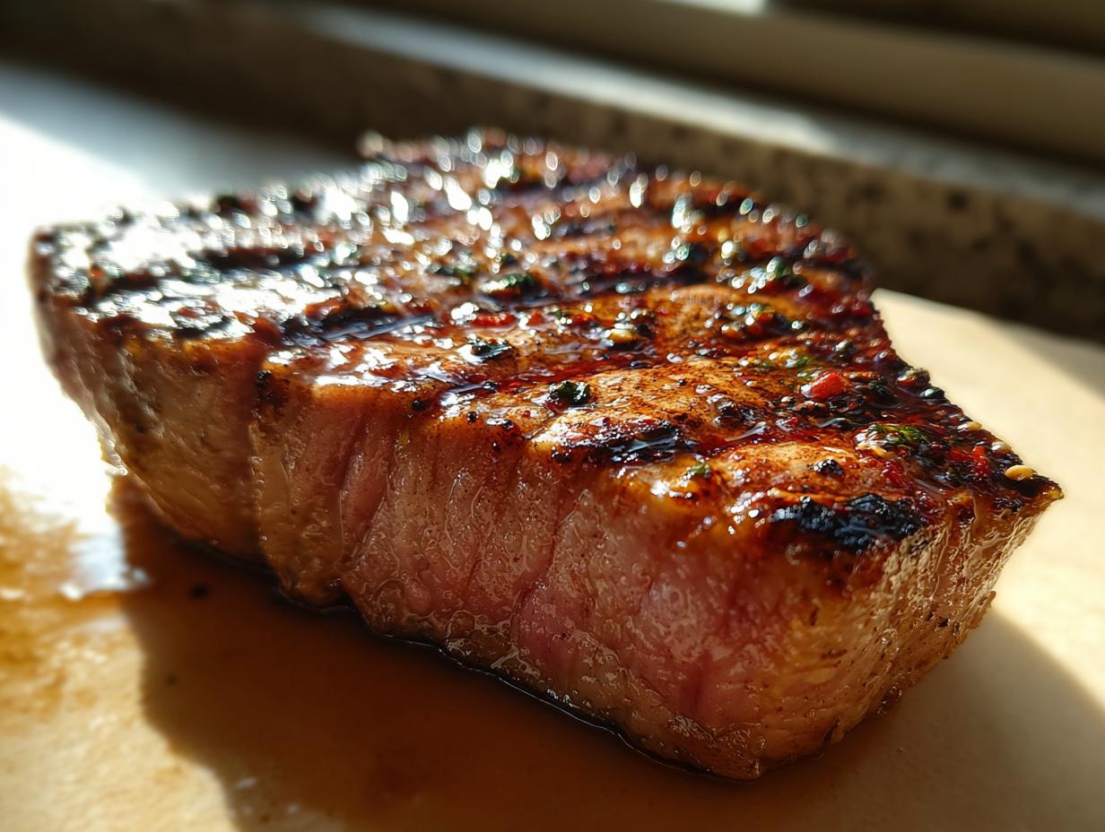 Close-up of a perfectly grilled tuna steak, coated in a glistening marinade with visible herbs and spices.