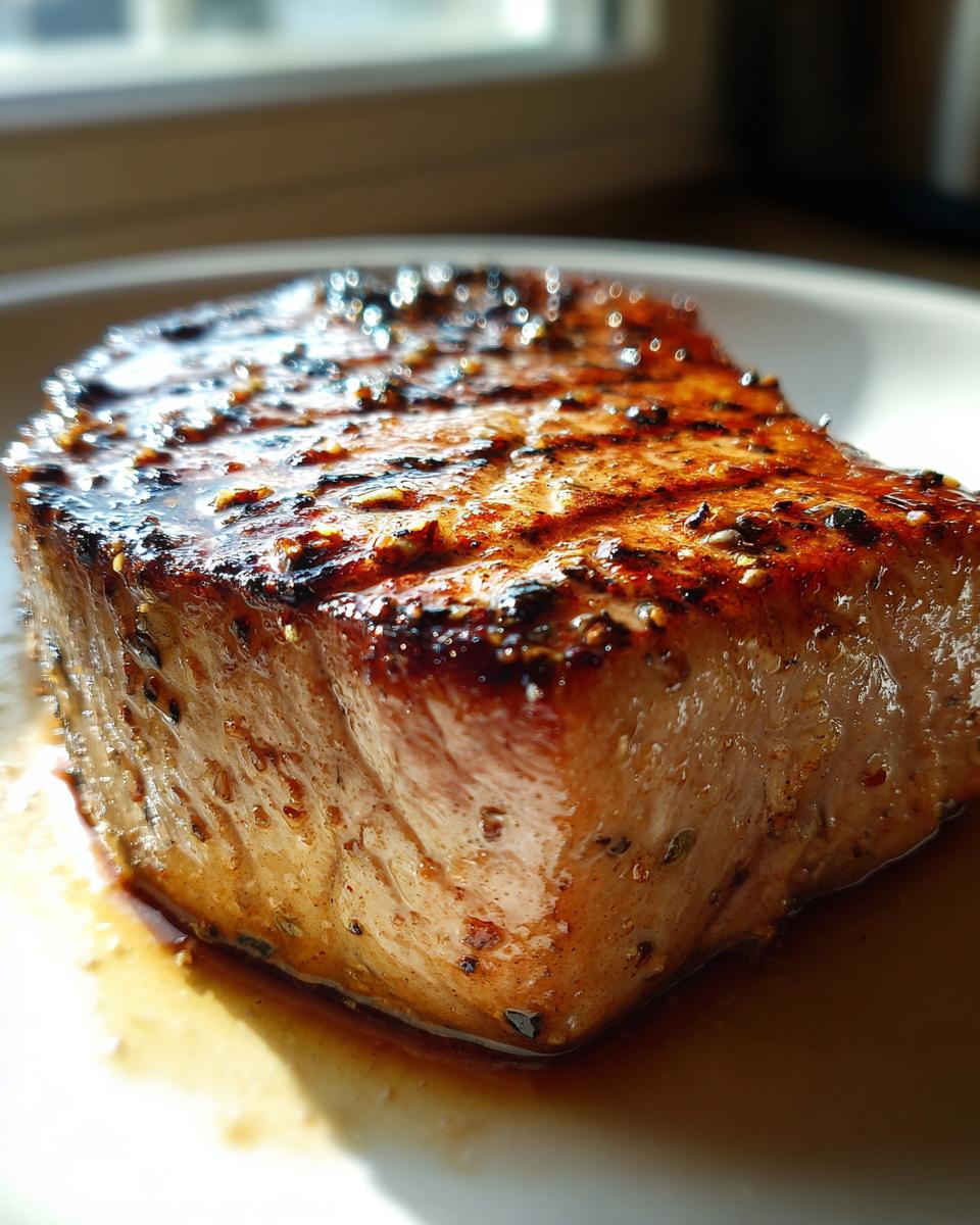 Close-up of a juicy, seared tuna steak with grill marks, coated in a flavorful marinade.