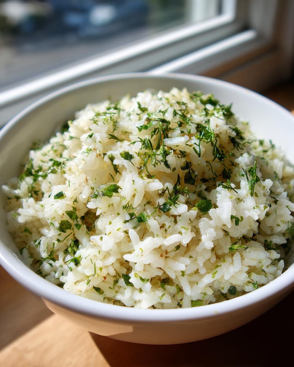 A white bowl filled with fluffy Mediterranean lemon rice, generously sprinkled with fresh green herbs.