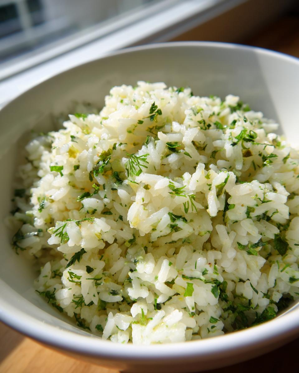 A close-up of fluffy Mediterranean lemon rice mixed with fresh chopped parsley and dill.