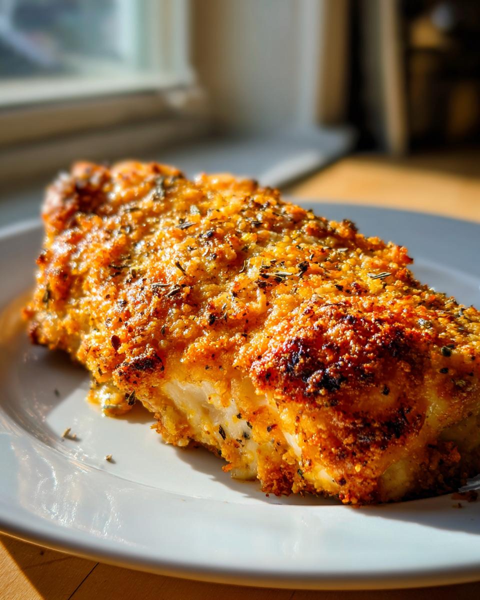 A close-up of a golden-brown, breaded chicken breast, showcasing its crispy coating and tender interior, perfect for melt in your mouth chicken.
