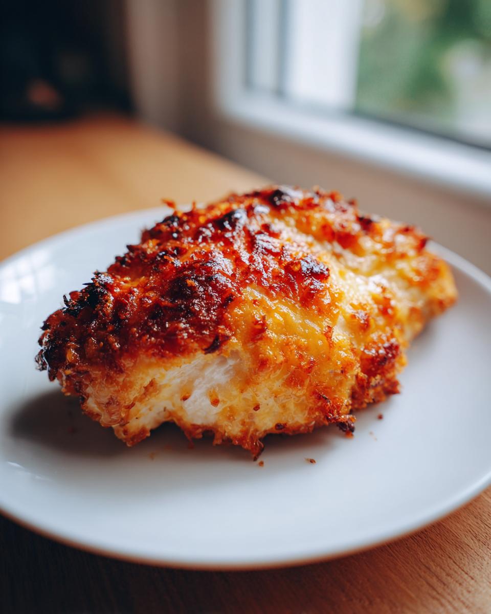 A close-up of a golden-brown, baked chicken breast with a crispy topping, served on a white plate. This is our Melt in your Mouth Chicken.