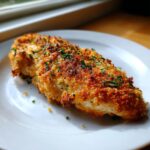 A golden-brown, crispy baked chicken breast sprinkled with fresh parsley, ready to be served.