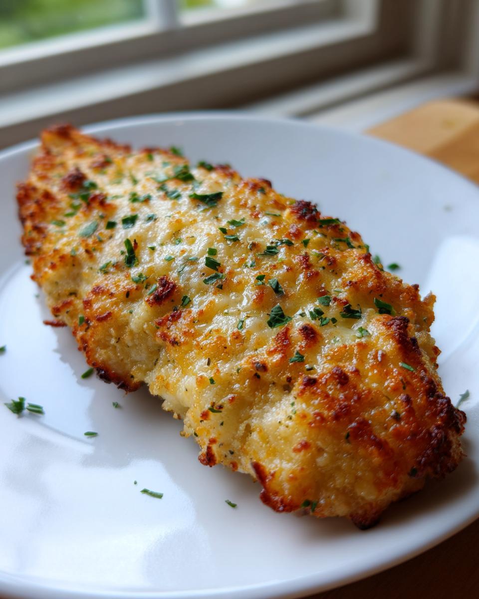 A close-up of a piece of melt in your mouth chicken, baked with cheese and sprinkled with fresh parsley.