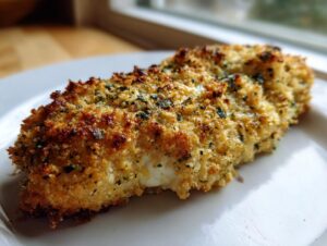 Close-up of a piece of Melt in Your Mouth Chicken with a golden-brown, crispy breadcrumb crust.