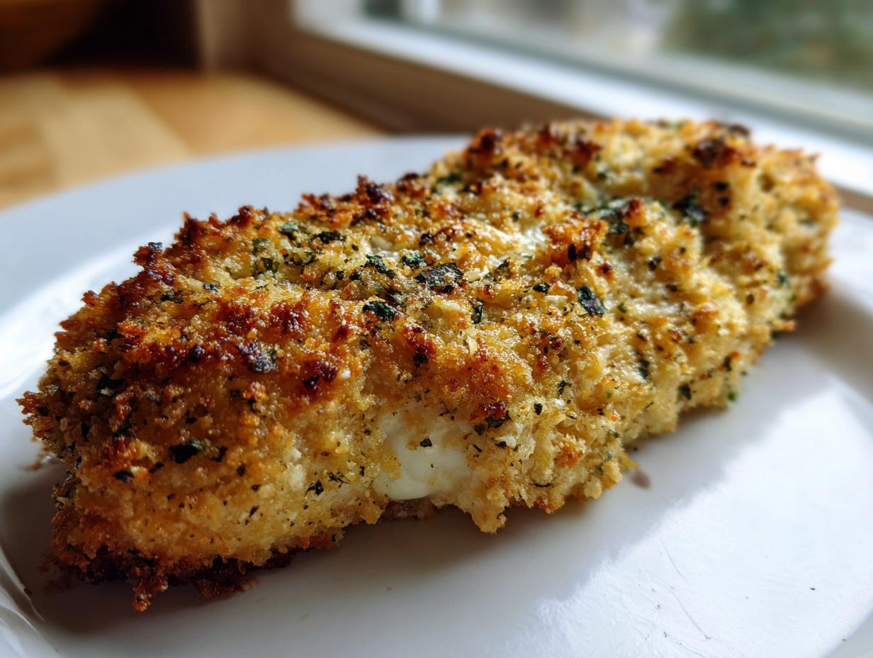 Close-up of a piece of Melt in Your Mouth Chicken with a golden-brown, crispy breadcrumb crust.