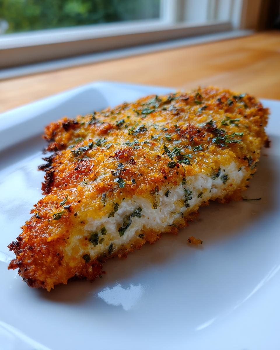 A golden-brown, breaded chicken fillet seasoned with herbs, showcasing its tender interior.
