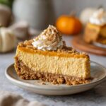 A delicious slice of no bake pumpkin cheesecake topped with whipped cream and cinnamon.