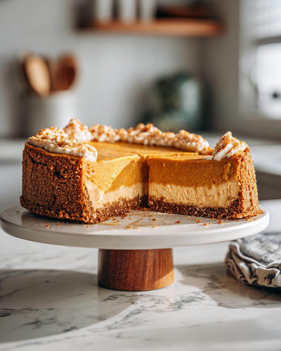 A slice is missing from this no bake pumpkin cheesecake, revealing layers of crust and filling on a cake stand.