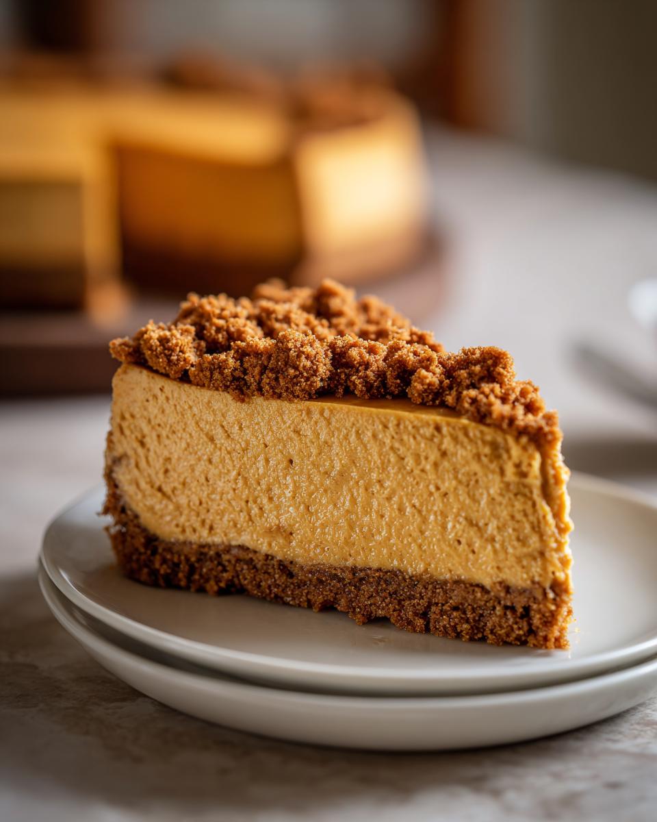 A delicious slice of no bake pumpkin cheesecake with a graham cracker crust and crumb topping.