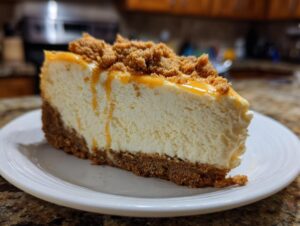 A delicious slice of no bake pumpkin cheesecake with a graham cracker crust, topped with caramel drizzle and cookie crumbles.