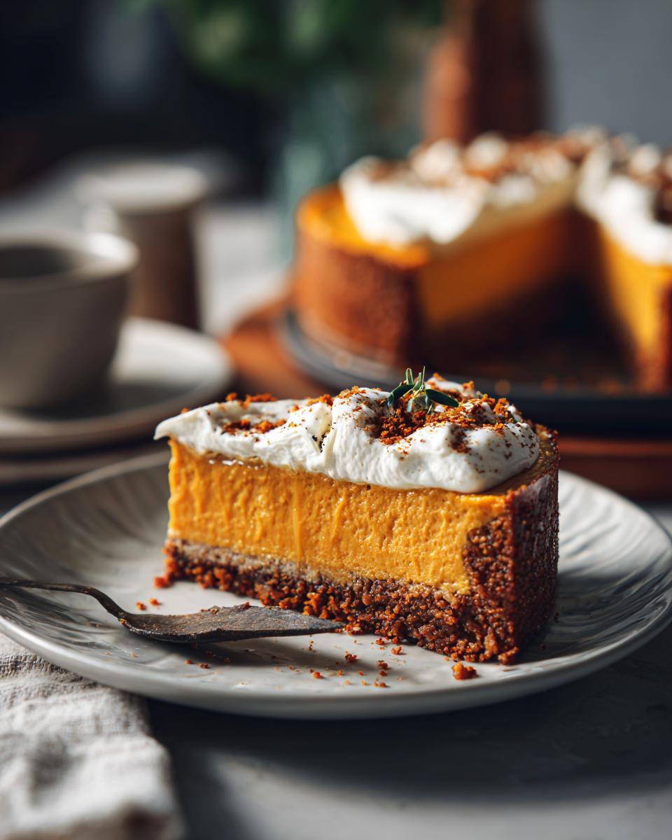 A delicious slice of no bake pumpkin cheesecake topped with whipped cream and cookie crumbs, served on a plate.