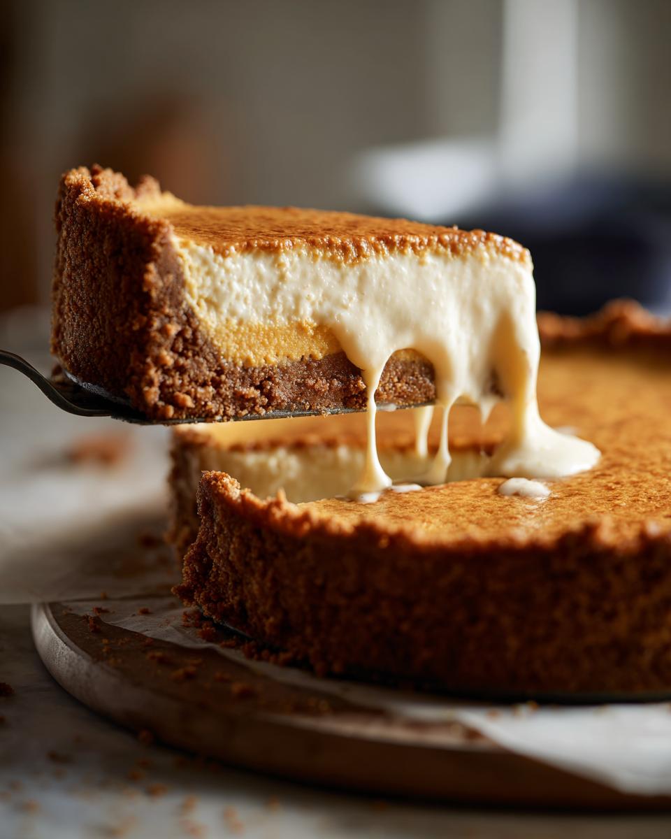 A slice of no bake pumpkin cheesecake being lifted, with a creamy white drizzle falling from the top layer.