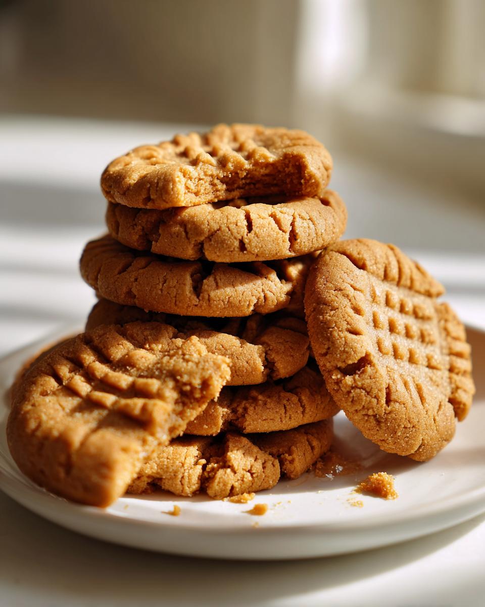 A stack of freshly baked peanut butter cookies, with a bite taken out of one.