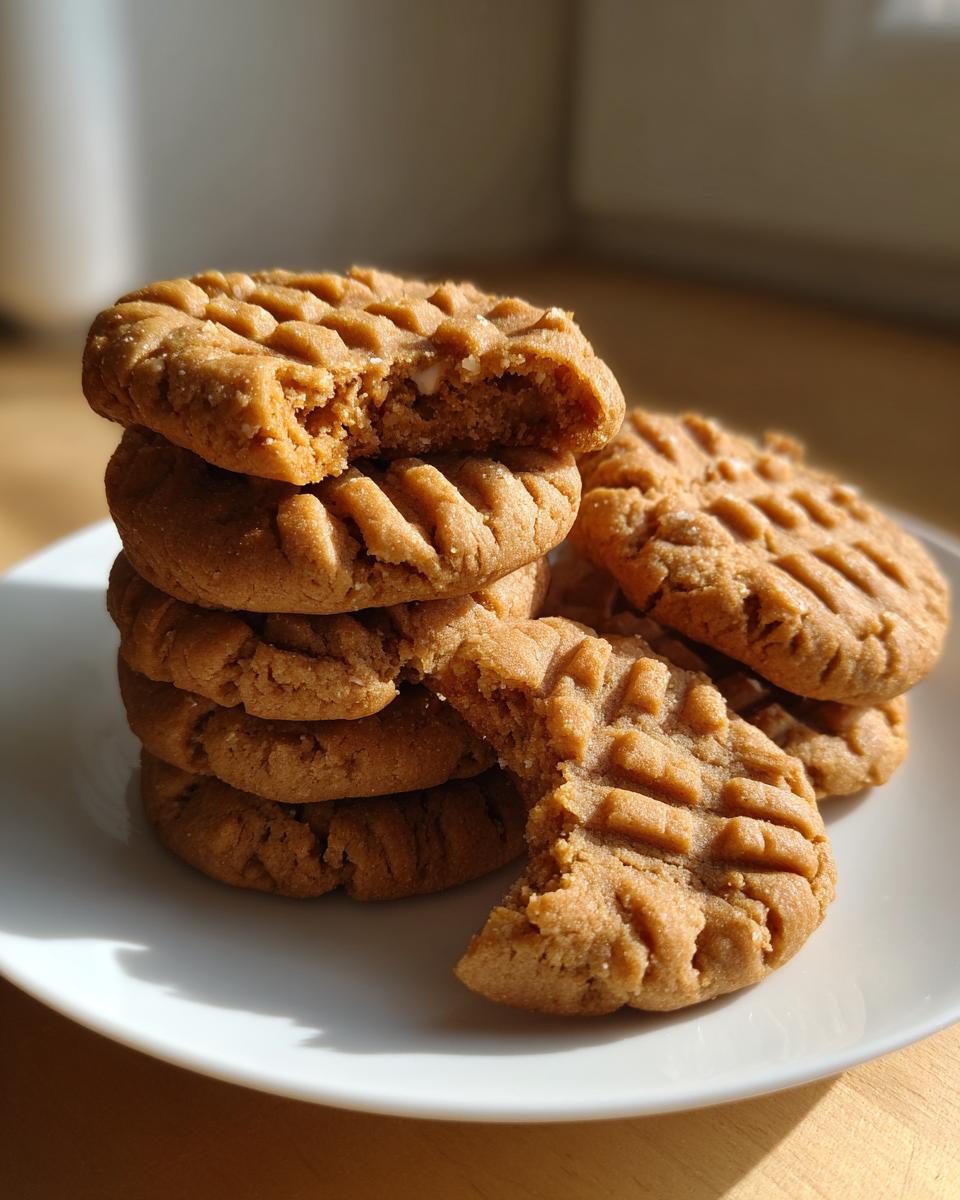 A stack of delicious peanut butter cookies, with a bite taken out of the top cookie.