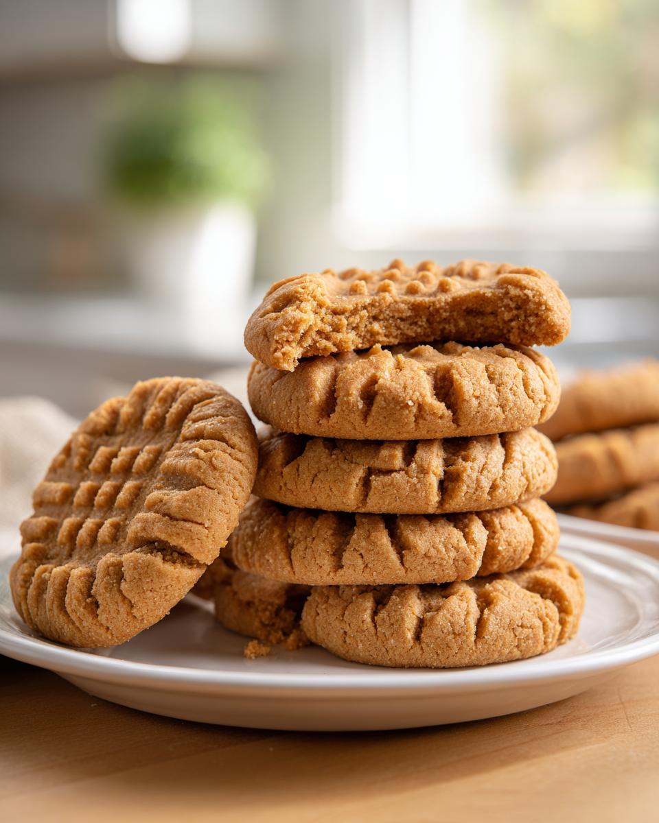 A stack of freshly baked peanut butter cookies with classic fork marks, one cookie has a bite taken out.