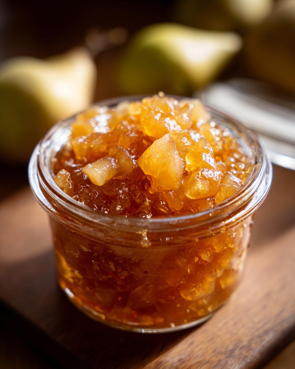 Close-up of a small glass jar filled with glistening, chunky pear preserves, with pears blurred in the background.
