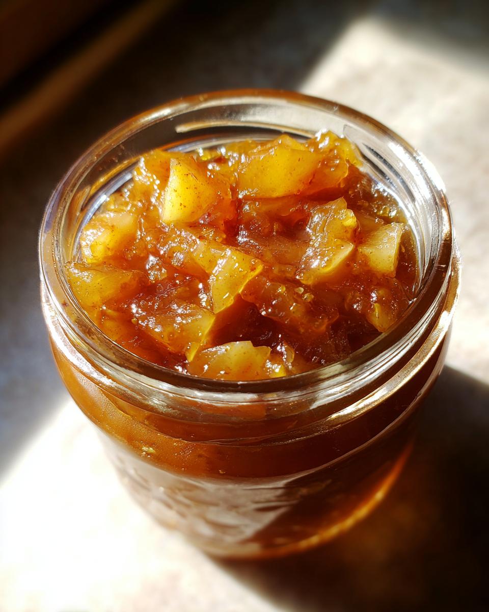 Close-up of a glass jar filled with glistening, chunky pear preserves, highlighting the rich amber color and visible pear pieces.