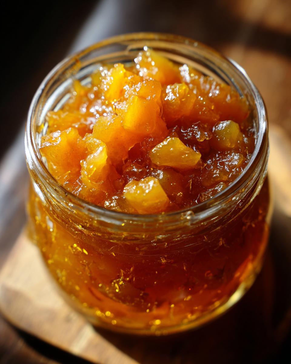 Close-up of a glass jar filled with glistening, golden Pear Preserves.