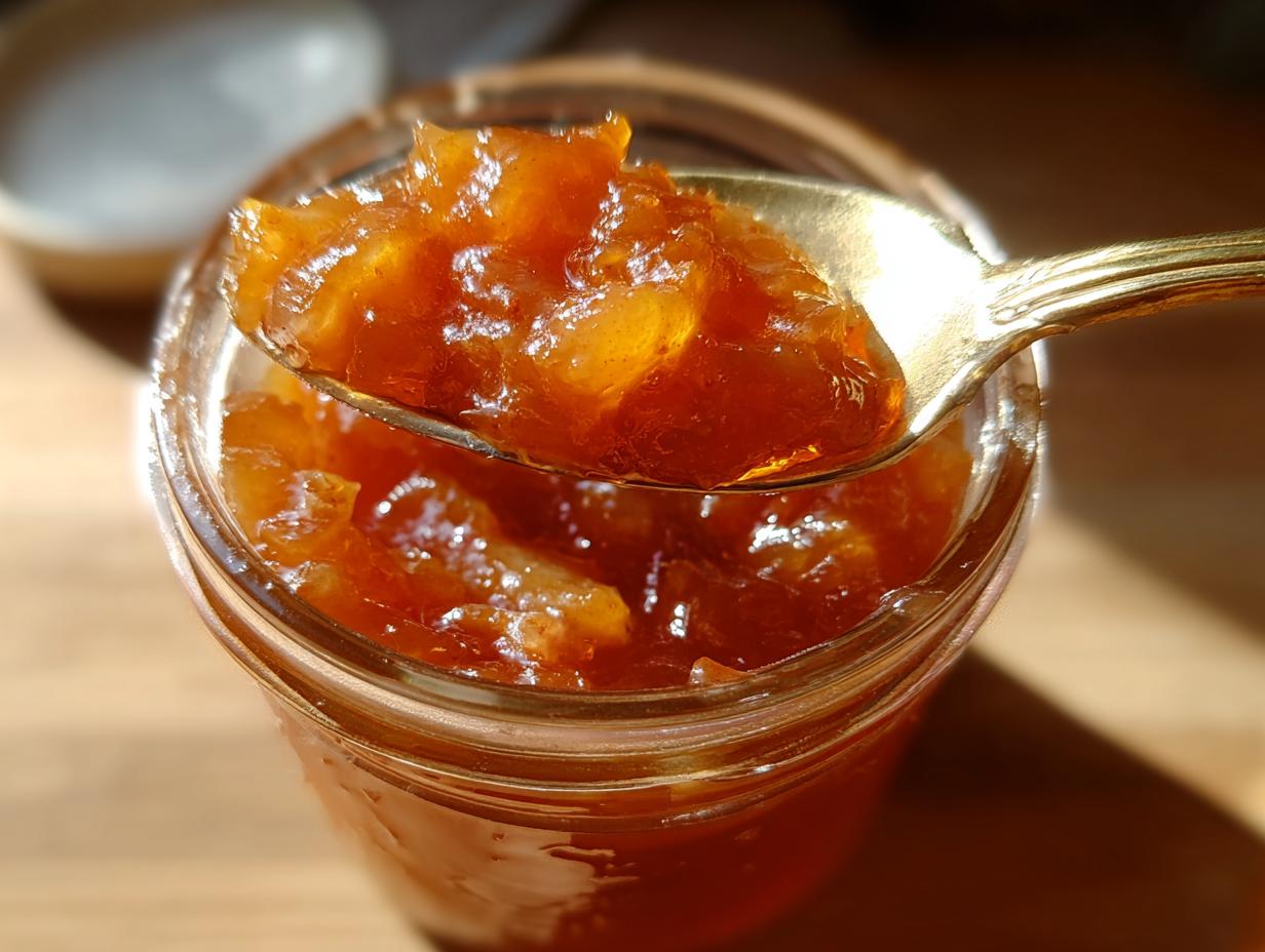 A golden spoon lifts a dollop of glistening pear preserves from a glass jar.