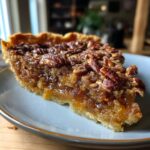 A delicious slice of pecan pie dump cake on a blue plate, showcasing a flaky crust and gooey pecan filling.