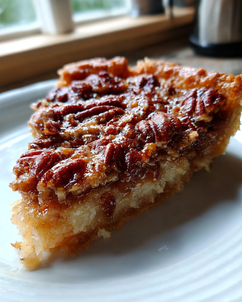 A close-up of a slice of pecan pie dump cake on a white plate, showcasing the gooey filling and pecan topping.