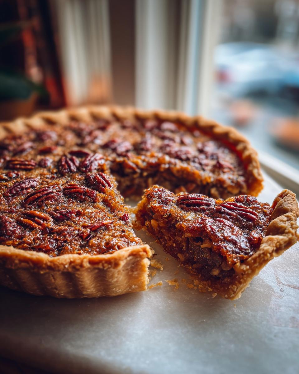 A slice of pecan pie dump cake with a flaky crust and a rich, gooey filling topped with whole pecans.