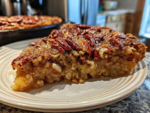 A close-up of a slice of pecan pie dump cake on a plate, showing a gooey pecan topping and moist cake base.