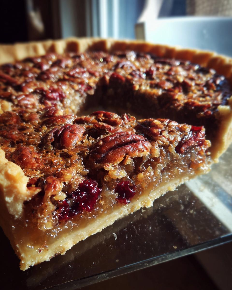 A close-up of a slice of pecan pie dump cake, showcasing the flaky crust, gooey filling, and whole pecans.