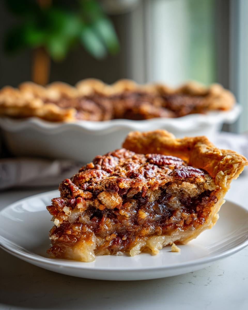 A close-up of a slice of pecan pie dump cake on a white plate, showcasing the gooey filling and pecan topping.