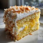A delicious slice of Pineapple Coconut Dream Cake, featuring layers of cake, pineapple filling, and coconut frosting.