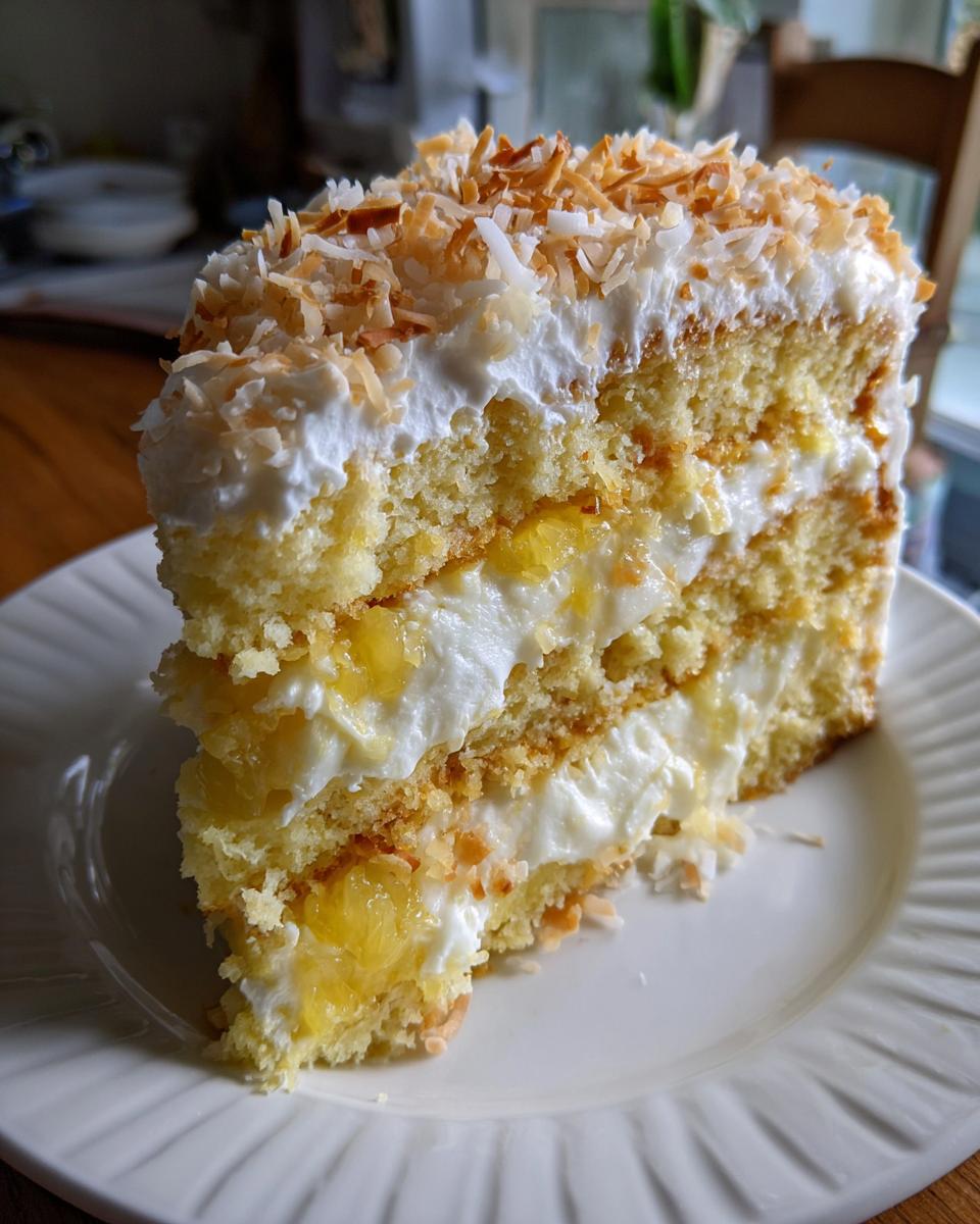 A delicious slice of Pineapple Coconut Dream Cake with layers of cake, cream, and pineapple filling, topped with toasted coconut.