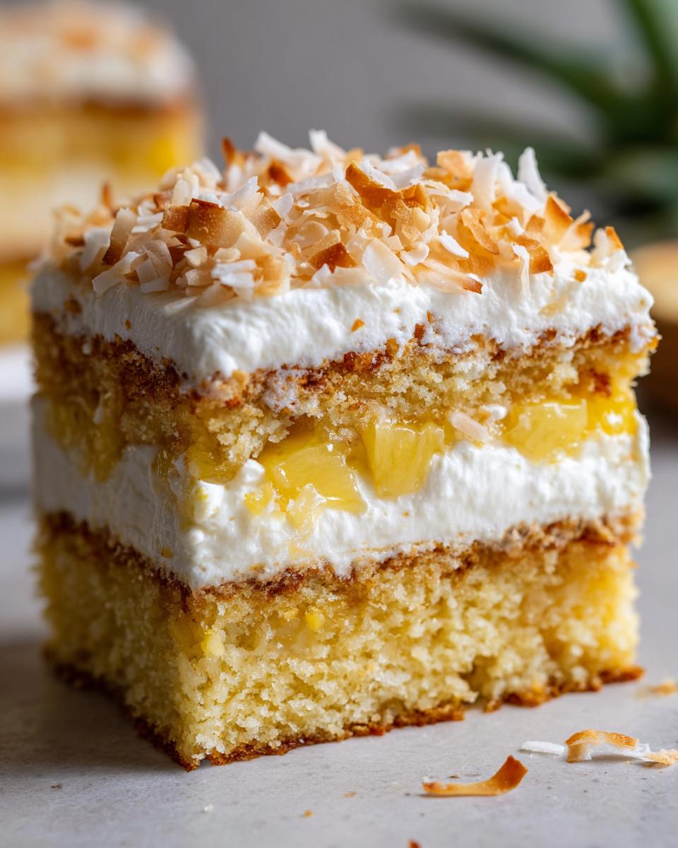A slice of Pineapple Coconut Dream Cake, featuring layers of cake, cream, and pineapple chunks, topped with toasted coconut flakes.