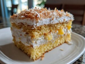A slice of Pineapple Coconut Dream Cake with layers of yellow cake, whipped cream, pineapple chunks, and toasted coconut.