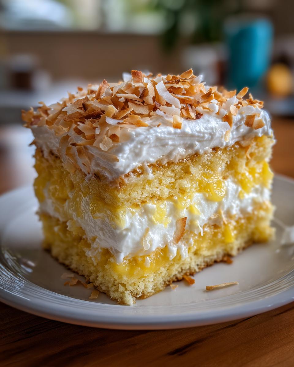 A delicious slice of Pineapple Coconut Dream Cake, layered with cake, cream, and pineapple filling, topped with whipped cream and toasted coconut flakes.