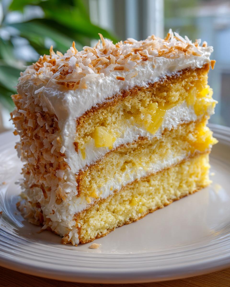 A delicious slice of Pineapple Coconut Dream Cake, showing layers of moist cake, creamy frosting, and pineapple chunks, topped with toasted coconut.